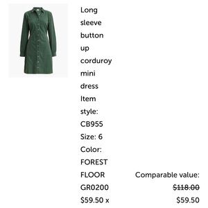 JCrew Green Corduroy Button-Up Mini Dress